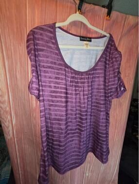 Appropriate Behavior Berry Purple Striped Ruched Sleeve Scoop Neck Top 2X